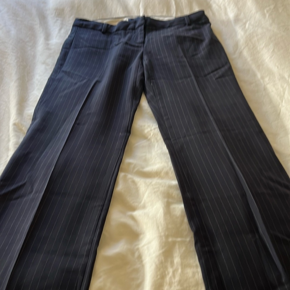 Navy wool, with a little bit added spandex for stretch, Pinstripe trouser